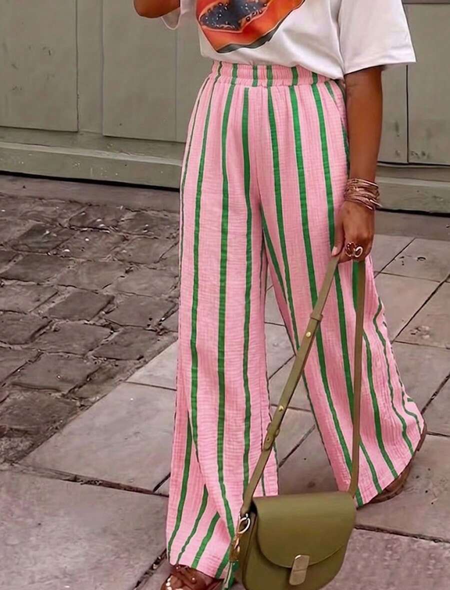 Women's Summer Pink Striped Wide Leg Pants, Elastic Waist Casual Loose Beach Pants, Bohemian Vacation Outfit Pink Vertical Stripe Straight Leg Pants, Loose Fit - Pink - View 1