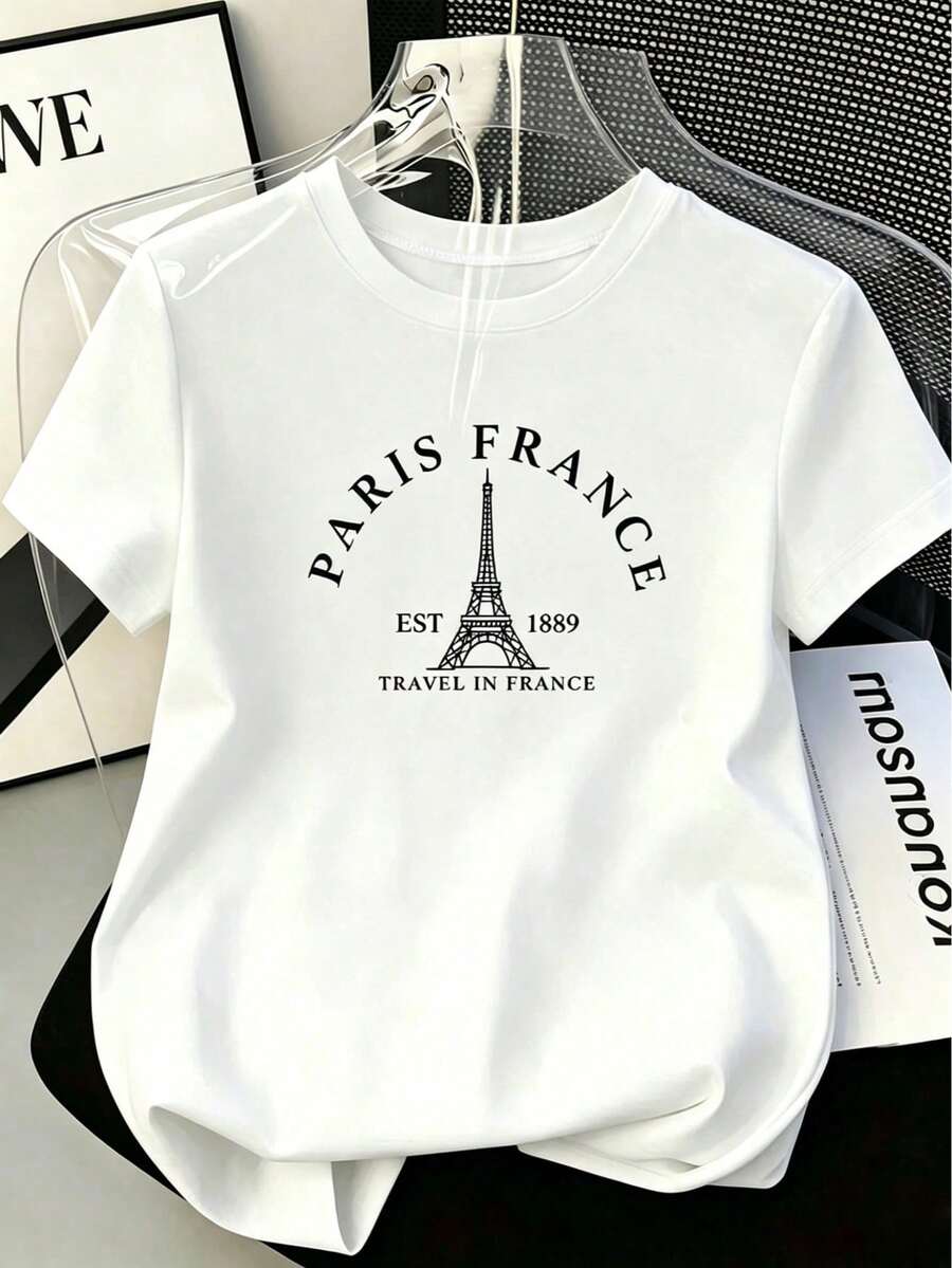 Paris Eiffel Tower Print T-Shirt, Minimalist City Graphic Tee, Casual Short Sleeve French Travel Aesthetic, Summer White Everyday Wear - 白色的 - 查看 1