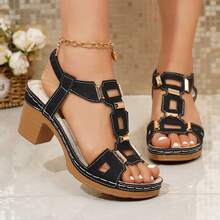 Plus Size Women's Retro Solid Color Buckle Platform Wedge Sandals,Summer Shoes - Black - View 14