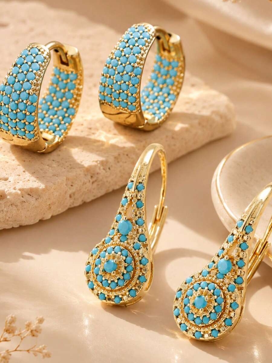 2 Pairs/Set Fashionable Elegant Women's Earrings With Turquoise Inlay, Bohemian Style U-Shaped Hoop Earrings, Suitable For Daily Wear, Banquet, Party, Travel, Vacation, Decoration - Multicolor - View 1