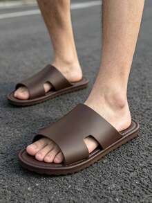 男士純色休閒拖鞋，超細纖維布面，休閒防滑開趾沙灘鞋，適合室內外行走，春夏穿著 - 棕色 - 查看 3