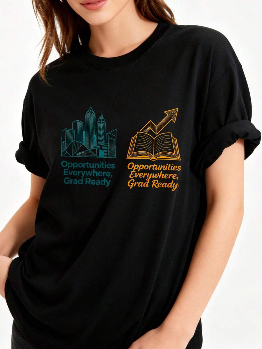 Camiseta de cuello redondo de algodón% de corte holgado para mujer, estilo casual urbano de talla, adecuada para el uso diario y la tempora - Negro - Ver 1