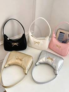 Sweet Metal Bow Underarm Bag, New Macaron Color Handbag/Shoulder Bag For Girls, Niche Minimalist Crescent Bag, Suitable For Daily Use - A - View 2