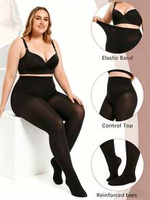 High Elasticity High Waist Opaque Tights, Suitable For Plus Size And Slim, Comfortable Fit For All Body Types, Versatile Base Layer For Autumn And Winter - Black - View 3
