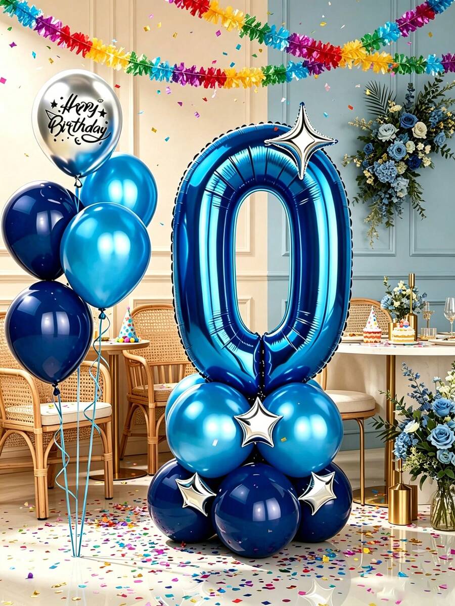 22件裝皇家藍數字生日氣球柱套組,包含藍色數字鋁箔氣球、銀色星星鋁箔氣球、淺藍與深藍乳膠氣球及裝飾緞帶,適用於生日驚喜、求婚佈置、婚禮派對、生日派對、婚禮、性別揭曉派對、新娘婚前派對、週年紀念、單身派對、新娘單身派對 - 查看 1