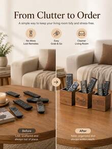 1pc Solid Wood Remote Control Holder, Solid Wood Desktop Storage Box, Suitable For Dorm Room Controller, Office Supplies And Study Essentials Storage Basket, Compact Storage Box For Bedroom, Living Room And Home Decor - Brown - View 5