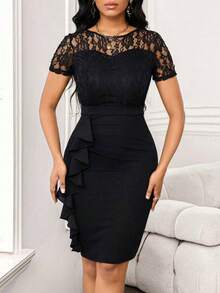 Lady Vestido de invitada de boda con plisado de encaje y falda de cadera para fiestas de trabajo - Azul marino - Ver 2