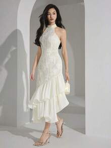 Vestido midi elegante de mujer con cuello halter, bajo con volantes y patchwork de jacquard - Albaricoque - Ver 6