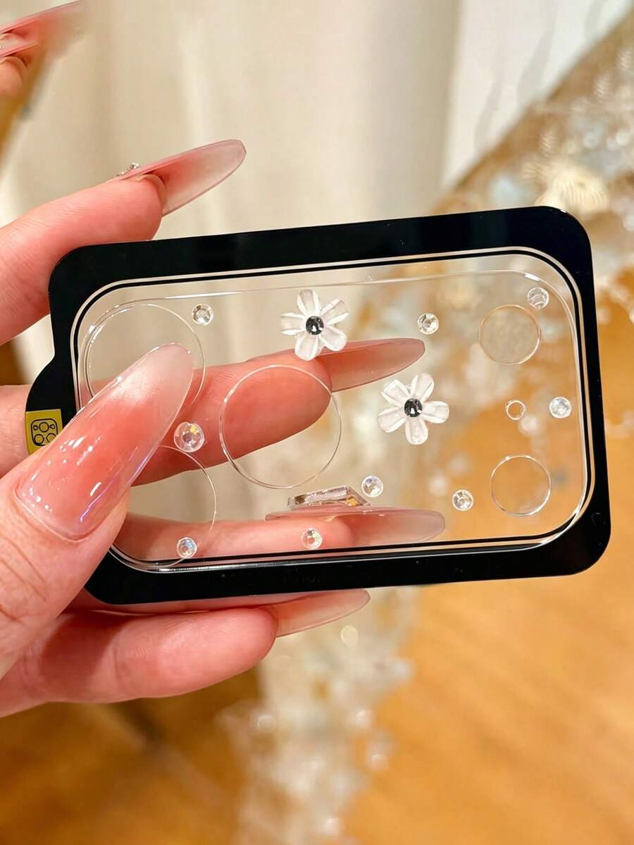 奢華可愛 3D 花朵水鑽相機鏡頭保護貼,適用於 iPhone 18 Pro Max、18 Pro、17 Pro Max、17 Pro,透明防震防刮相機保護貼 - 白色花小鑽 - 查看 1