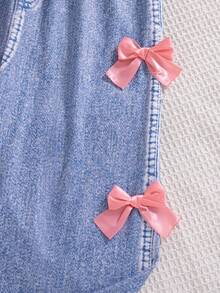Girls' Casual Fashion Solid Color Bow Tie Design Round Neck Drop Shoulder Long Sleeve Top And Straight Leg Pants 2-Piece Set, Spring/Autumn - Pink - View 8