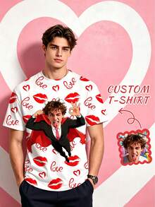 1 pieza Camiseta de manga corta personalizada y personalizable para hombre, camiseta de verano con cuello redondo personalizada para hombre, camiseta casual personalizada para hombre, camiseta con estampado completo para vacaciones de verano, adecuada para novio, esposo, padre y amigos, regalo único de aniversario - Multicolor - Ver 1