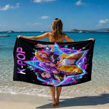 1 pieza Toalla de playa con estampado de grupo de chicas K-POP multicolor, material de microfibra, secado rápido, suave y absorbente, adecuada para baño, playa, piscina, gimnasio, toalla de baño versátil de uso múltiple - Negro - Ver 8