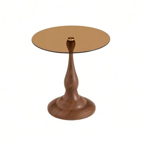 Round Glass Side Table, Modern And Elegant Coffee Table With Tempered Glass Top And Stable Base, Compact Side Table For Living Room And Bedroom (Table Only) - 棕色 - 查看 1
