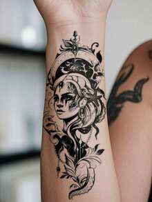 Big Size Body Art Fake Tattoos For Women, Black Beautiful Women And Skull Patterns, Waterproof Fake Tattoos, Last 2-5 Days, Cover Scars, Use On Arms, Chest, Waist, Back And Legs - Black - View 4