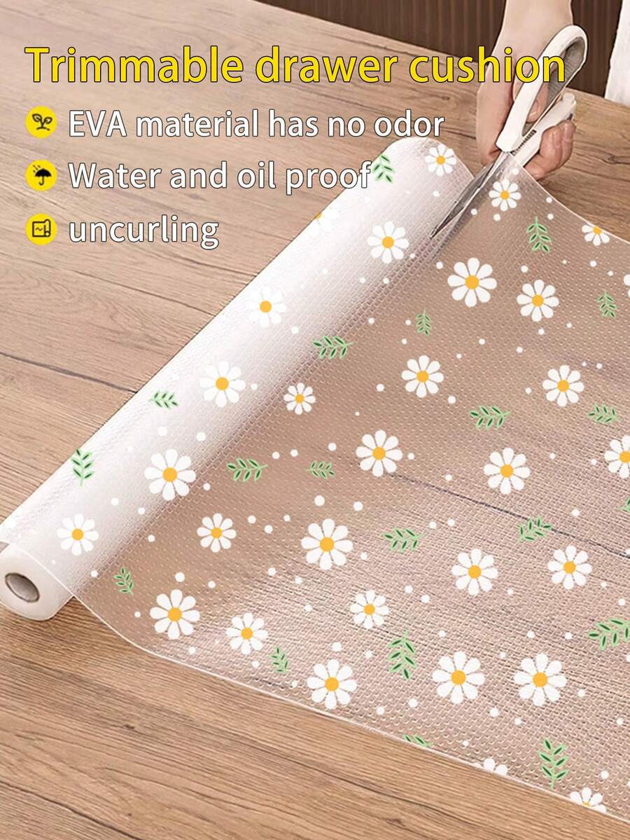 1 Roll EVA Material Fresh Daisy Camellia Pattern Waterproof Drawer Liner, Multi-Purpose Cabinet Drawer Liner Suitable For Kitchen, Storage Cabinet, Refrigerator, Shelves, Lining - Flower Pattern - View 1