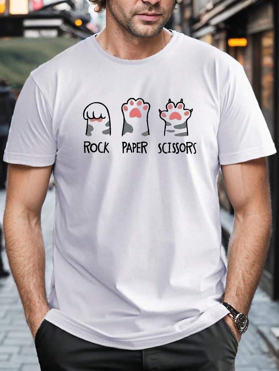 Camiseta de talla grande para hombre ROCK PAPER SCISSORS con garras de gato Elección perfecta de regalo de cumpleaños o festividad pra amigos, familiares, novio o novia - Blanco - Ver 1