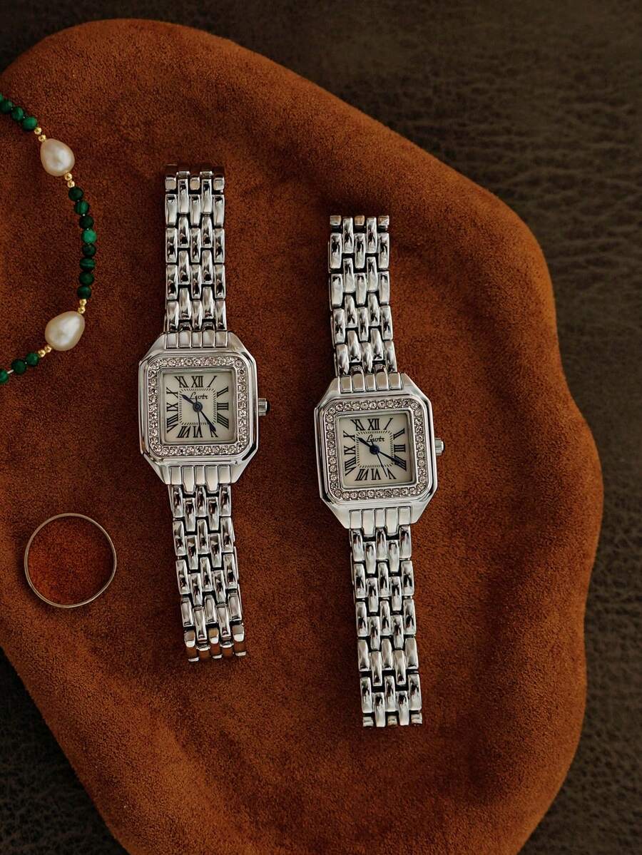 1pc New French Elegant Fashion Rhinestone Waterproof Women's Watch, Retro Casual Exquisite Square Dial Quartz Watch, Stainless Steel Band, Gold And Silver Color Options, Suitable For Daily Life And Outings