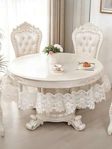 1pc White Floral Lace Round Tablecloth, Vintage Hollow Embroidery Tulle Tablecloth, Elegant Dining Table Decor For Wedding, Banquet, Home Kitchen - White - View 1
