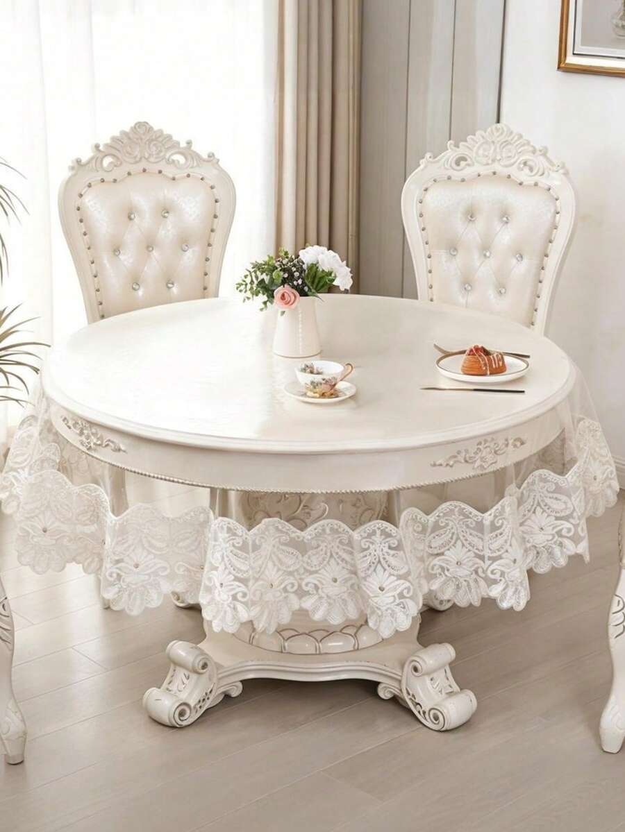 1pc White Floral Lace Round Tablecloth, Vintage Hollow Embroidery Tulle Tablecloth, Elegant Dining Table Decor For Wedding, Banquet, Home Kitchen - White - View 1