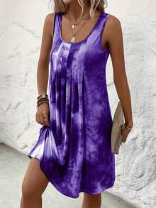 Vestido casual sin mangas holgado, cuello redondo con estampado tie-dye, talla plus para mujer - Morado - Ver 7