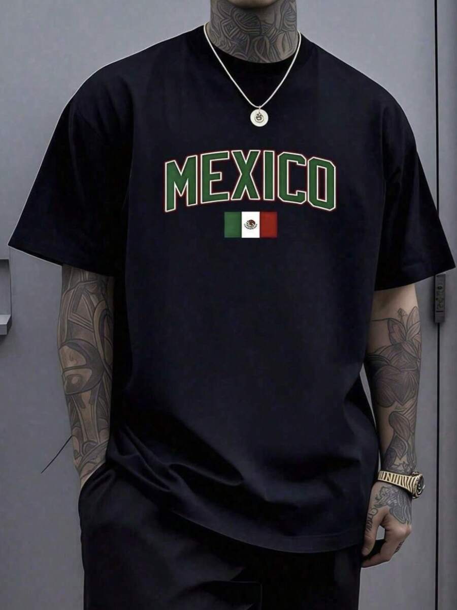 Mexican Flag With The Word Mexico In Green, Red, And White Letters, Symbolizing National Pride, Passion For Culture, And Love For The Homeland. Men's T-Shirt, Large Size, 100% Cotton. - 黑色 - 查看 1