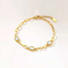 1pc Summer INS Style Luxury Minimalist Colorful Stone Stainless Steel Bracelet For Women, Daily Beach Vacation Casual Wear - Gold - View 8