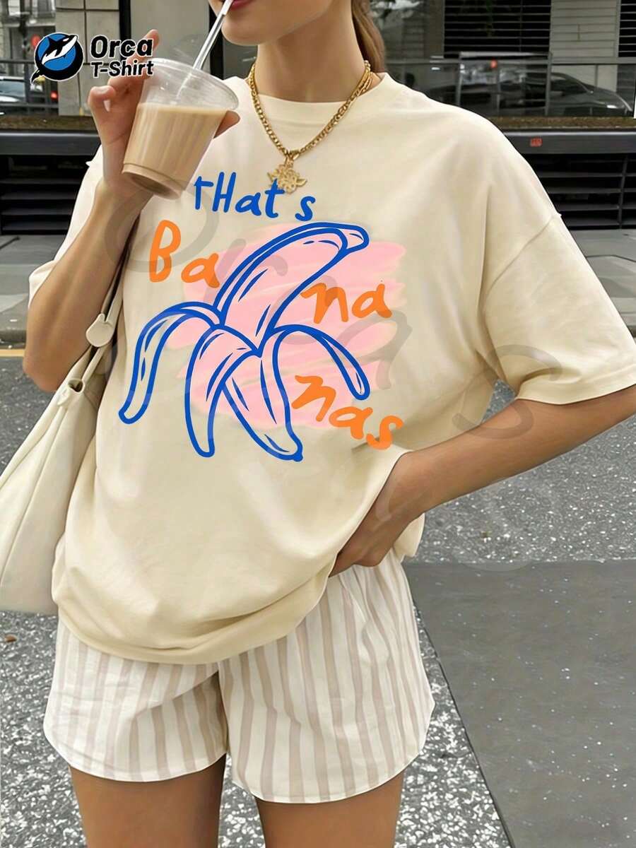 Women's Short-Sleeved T-Shirt With Banana Graffiti Print And Hand-Drawn Lines, Urban And Modern Style, 100% Cotton, Casual Summer Style For Vacation, Round Neck - 杏色 - 查看 1