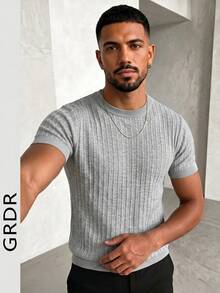 GRDR Men's Summer Ribbed Crew Neck Short Sleeve Knit Sweater, Suitable For Summer Outings, Essential For Fashionable Styling - Light Grey - View 2