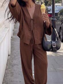 Brown Loose-Fit Pantsuit, Women's Casual V-Neck Long Batwing Sleeve Tie-Waist Shirt Set, Spring And Autumn Fashion Outfit Elegant - Brown - View 5