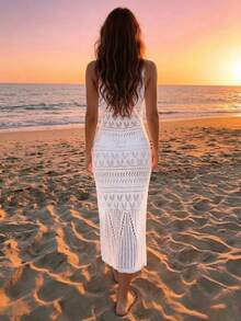 NZZOF Women's Solid Color Spring/Summer Crochet Hollow Out Beach Cover-Up Long Dress (Bikini Not Included) Vacation White - White - View 2