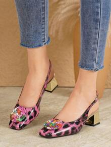 Pink & Black Leopard Print Square Toe Slingback Sandals For Women, 4.5cm Metallic Shiny Chunky Heel, Colorful Rhinestone Round Buckle Closed Toe Strap Shoes, Spring/Summer Sexy Style For Date, Party, Commute, Comfortable Low-Mid Heel Women's Shoes - Purple - View 4