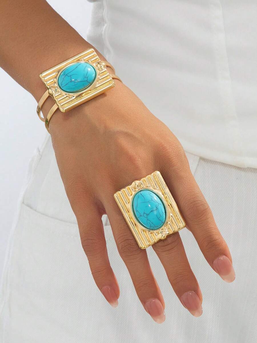 1 Set Elegant Fashion Exaggerated Design Geometric Striped Square Inlaid Faux Turquoise Bracelet + Ring Women's Jewelry Set - Turquoise - View 1