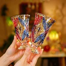 2件裝優雅高腳紅酒杯，透明底座，適合居家、用餐與派對，耐用易清洗玻璃材質，酒類愛好者理想禮物，派對飲具，裝飾設計，精緻花紋 - 彩色 - 查看 8