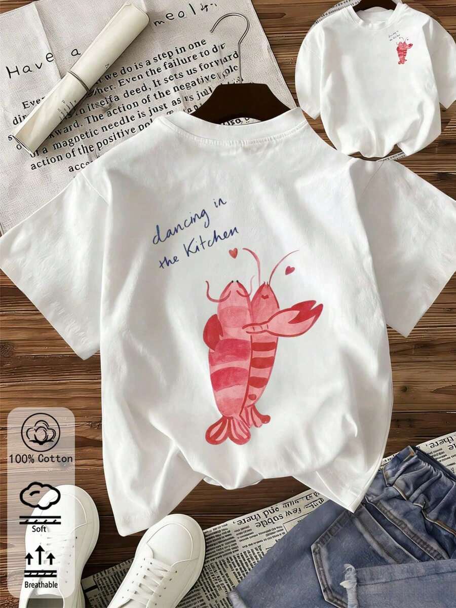 Playera Oversize Estampado Langosta Kawaii Cuello Redondo Básica Streetwear Casual Estilo Urbano Aesthetic Ropa de Mujer Blusa - Blanco - Ver 1