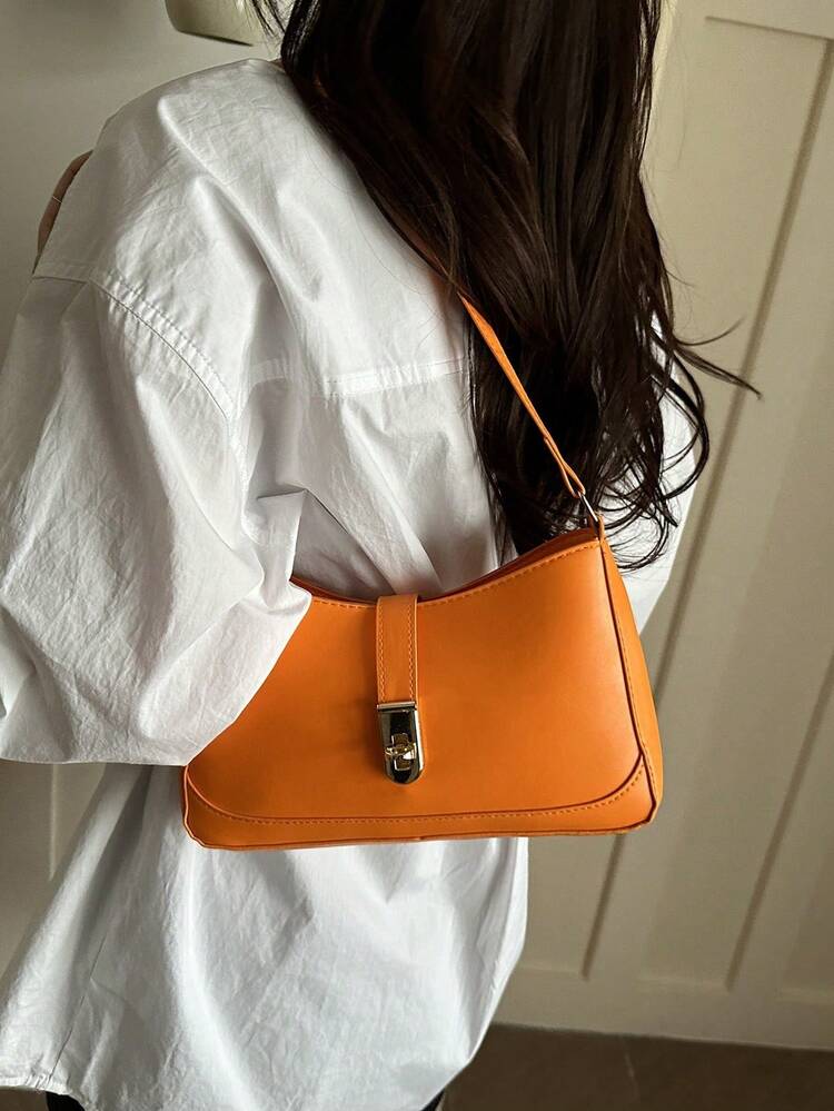 Bolso de Cuero para Llevar Bajo el Brazo, Bolso de Mano de Moda para Mujer, Bolso de Hombro de Color Sólido, Bolso Mensajero Clásico Minimalista para Mujer - Naranja - Añade 2