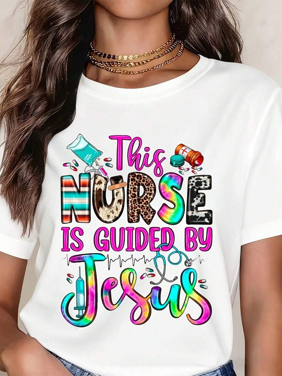 Camiseta de Mujer con Estampado Colorido de Enfermera y Jesús, Diseño Casual, Cuello Redondo, Manga Corta, Perfecta como Regalo de Cumpleaños, Adecuada para Usar en Todas las Temporadas, par - Blanco - Ver 1