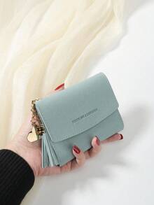 SOUTHLAND&KANGAROO Cartera de Mujer PequeñBifold de Metal Blanco con Corazóy Borla Decorativa, con Monedero, Mini, Ligera, Minimalista, Moderna, Elegante, para Negocios, para Aniversario - Azul - Ver 2