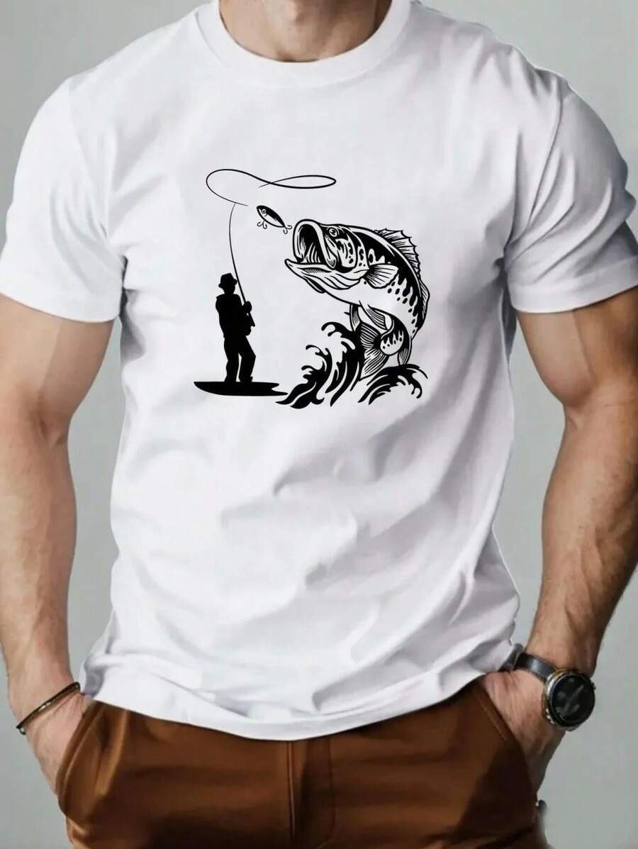 Men's Summer T-Shirt, Plus Size, With Fishing Print, Jumping Fish And Fisherman, Casual Short Sleeve T-Shirt, Modern Urban Clothing For Men - 紅色 - 查看 1