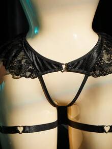 SpicyHot 4 Peças Conjunto de Lingerie Sexy com Renda, Patchwork e Recortes Vazados para Mulheres com Capa de Mamilo de PU e Tinsel, Lingerie Sexy para Mulheres, Lua de Mel, Quente, Noite de Encontro, Lingerie, - Multicolorido - Visão 5