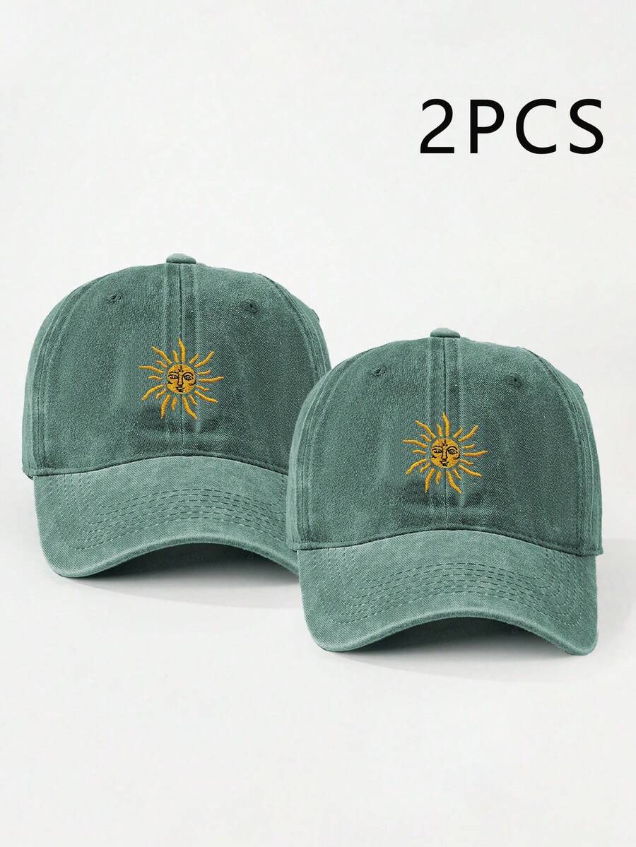 1件/2件刺繡太陽全季節戶外棒球帽復古水洗中性卡車帽透氣可調節高爾夫遮陽帽女款夏季時尚彎帽簷遮陽帽男款Y2K情侶遮陽帽 - 墨綠色 - 查看 1