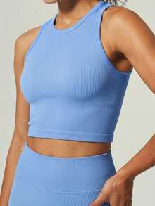 UONNOU Women's Ribbed Seamless I-Shaped Racerback Crop Tank Top, Round Neck Slim Fit Low Impact Yoga Workout Sports Vest - Blue - View 4