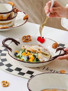 卡通女巫 Snoopy 浮雕陶瓷餐具，3D 蝴蝶餅與蘋果裝飾飯碗、深盤、雙把手托盤、咖啡杯、湯匙，分裝，9 種不同款式可選，居家廚房禮品餐具 - 彩色 - 查看 4