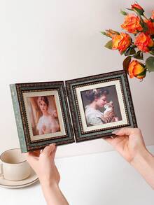 1pc Folding Hinge Photo Frame, Holds 2 Square 4x4 Inch Photos, Vintage Elegant Desktop Photo Display Frame, Suitable For Wedding, Holiday, Party Events, Living Room, Bedroom And Other Home Decor, Creative Gift For Friends And Family - Multicolor - View 4