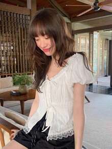 Solid Color Lace Trim Tie Front Short Sleeve Blouse Women's Summer Top White - White - View 5