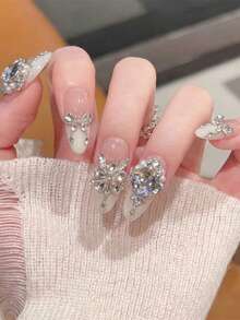 10pcs Bridal Crystal Handmade Press On Nails, Nude Pink Gradient French Tip, Sparkly Silver Rose & Flower Rhinestone Fake Nails, Reusable Medium/Long Oval Fake Nails For Beach Vacation, Grad Prom, With Jelly Gel And Nail File, DIY Nail Art Supplies - Pink - View 2