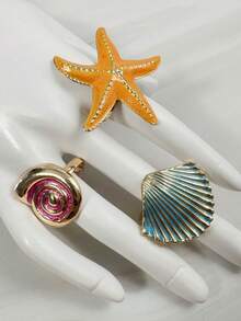 imoli 3pcs/Set Bohemian Beach Vacation Stackable Ocean Theme Enamel Orange Starfish + Pink Spiral Conch + Turquoise Scallop Shell Personalized Ring Set, Knuckle Rings, Suitable For Summer Seaside Party Daily Wear Jewelry Gift - 32817-ring-yb - View 7