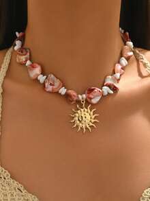 pieza de collar de conchas marinas naturales hecho mano con colgante de estrella de mar en tono dorado, collar de estilo oceánico la moda, adecuado para mujeres, vacaciones, fiestas y - Multicolor 4 - Ver 4