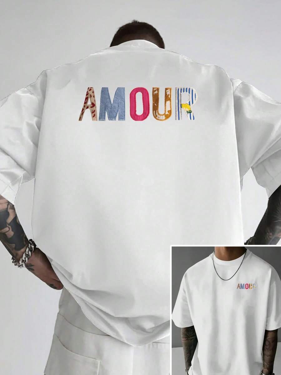 Men's Off-The-Shoulder T-Shirt, AOUR, Loose-Fitting Men's T-Shirt With Heart Design On Both Sides, New Men's Clothing, An Essential Men's Garment With A Modern Design - 白色 - 查看 1