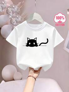stampado de dibujos animados de "Cute Cartoon Cat", fresca y transpirable para usar en primavera/verano, material 100% algodón, estilo casual holgado para niños y pre-adolescentes, adecuada. - Negro - Ver 12