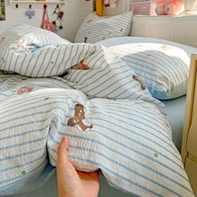 4件組純色條紋水洗軟雲感床上用品套件，清新風格圖案，柔軟舒適 AB 版被套組床單 4 件套（1 件條紋被套、1 件純色床單、2 件條紋枕套），適用於臥室、客房、大床、小床、雙人床，正反面可換設計，親膚細膩，透氣舒適，安心睡眠，綁帶設計，校園季，四季通用，房間床上用品裝飾 - 彩色 - 查看 8